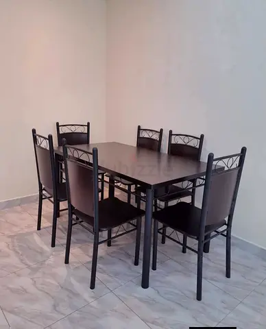 Wooden Top Metal Frame 6-Seater Dining Table with Chairs