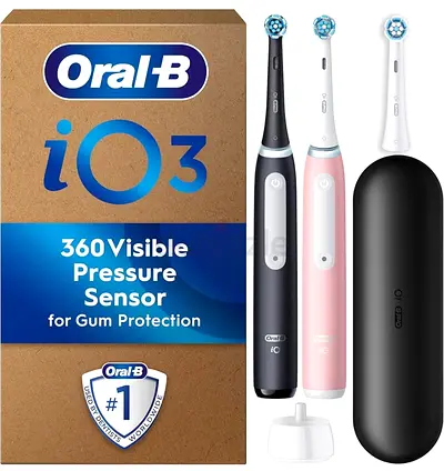 Oral-B iO 3 Dual Pack, Pink Black Electric Toothbrushes, 3 Toothbrush Heads, 1 Travel Case,