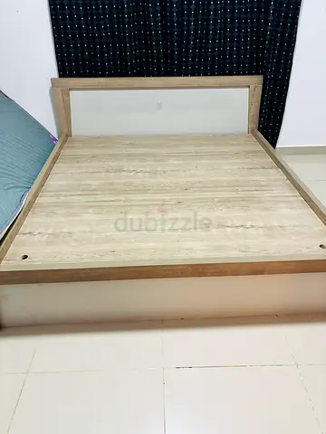 King-size wooden platform bed with headboard - light oak finish without mattress and no side tables