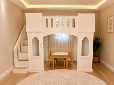 Custom White Castle Loft Bed with Stairs