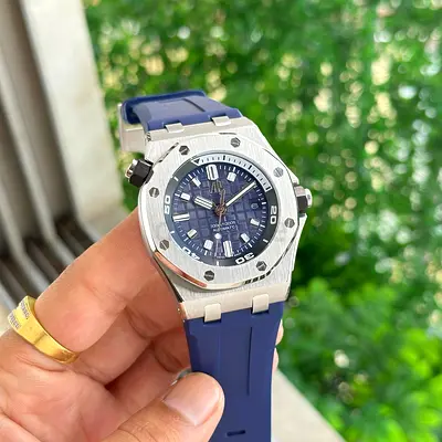 Stainless Steel Mens Sport Watch with Blue Rubber Strap