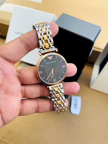 Emporio Armani Two-Tone Ladies Watch – Black Dial, Rose Gold Accents