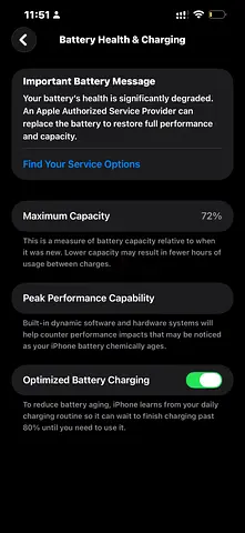 iPhone with 72% Battery Health - Needs Battery Replacement