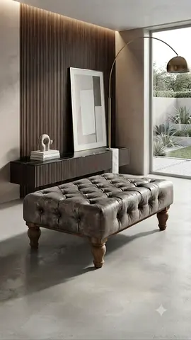 Tufted Leather Ottoman Bench with Wooden Legs - From Marina Home