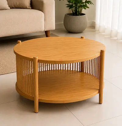 Modern Round Wooden Coffee Table with Open Shelf