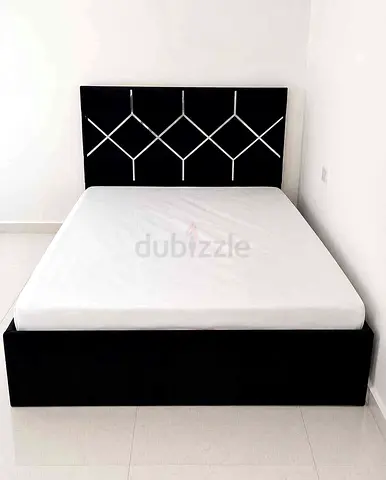 Black Fabric Double Bed with Geometric Headboard - New