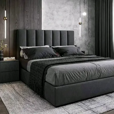 Modern Grey Upholstered Bed with Vertical Paneled Headboard