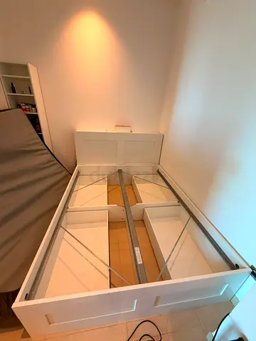 White wooden bed frame with built-in storage (standard double) — great condition