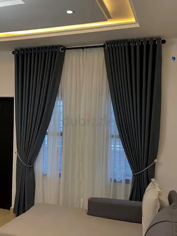 Dark grey blackout curtains with sheer liners - set for large window