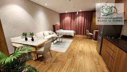 Furnished studio apartment for monthly rent in Sharjah, Al Taawun area, with hotel-style furnishings and parking inside the tower.
