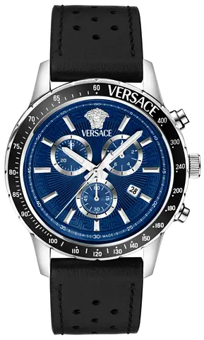 Versace Chronograph Mens Watch - Blue Dial, Black Leather Strap