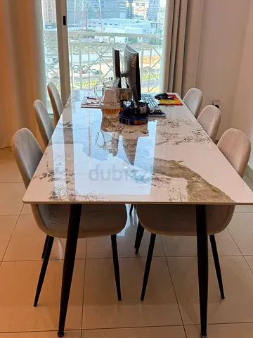 6-Seater Marble-Top Dining Table with Chairs - Modern Set