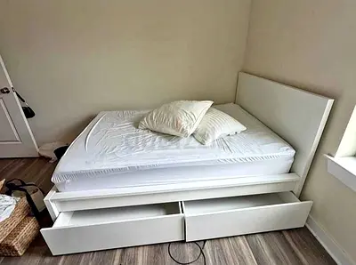 IKEA MALM Queen Size Bed + 2 Storage Drawers + Mattress
