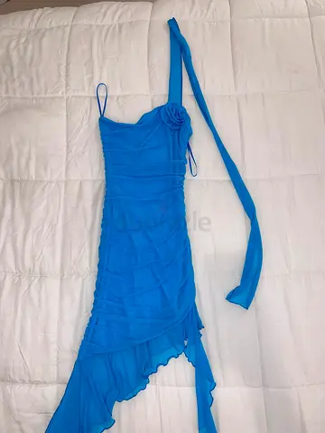 Blue ruched chiffon evening dress with side tie detail, size S, crop top from Zara size S