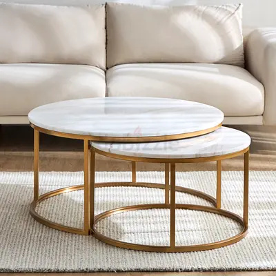 Set of 2 Round Marble-Top Nesting Coffee Tables with Gold Frame
