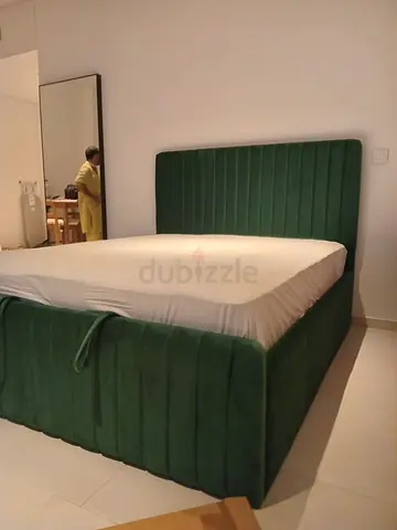 Green Upholstered Bed Frame with Headboard - Queen Size