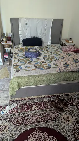Grey Fabric Upholstered Bed Frame with Winged Headboard with mattress queen size and side tables x 2