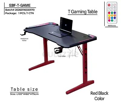 Red  Black T-Shaped Gaming Desk with Cup  Headphone Holders