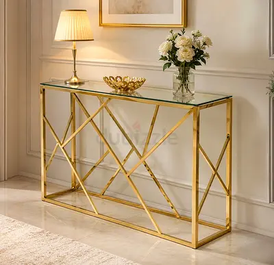Modern Gold Finish Console Table with Glass Top