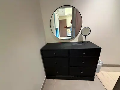 Black 6-Drawer Dresser with Round Wall Mirror - Excellent Condition