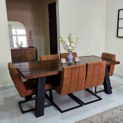 Dining Table Set – Dark Wood Top with 6 Suede Chairs