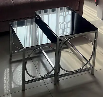 Set of 2 Chrome Nesting Side Tables with Black Glass Tops