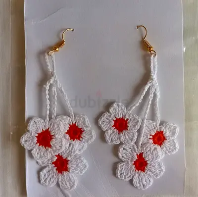 Handmade Crochet White orange Flower Dangle Earrings
