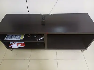 Dark wood TV unit / entertainment cabinet with shelves - good condition
