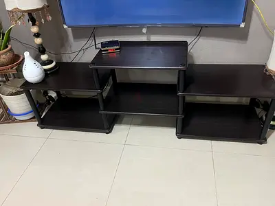Dark wood TV stand / media console with open shelves (three-piece)