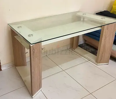 Glass Top Computer/Study Table with Wood Legs - Good Condition