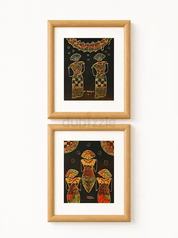 Pair of Framed Ethnic Style Hand Painted, Ready to Hang