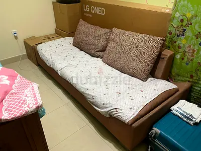 Three-seater brown fabric sofa bed - with 2 ottoman bench/ chairs- average condotion