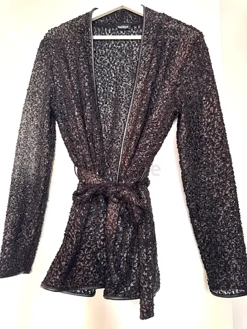 Light cardigan with leather finishing, black-brown tint color