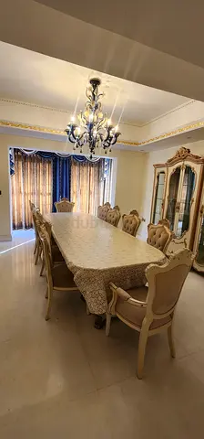 Elegant 10-Seater Classic Beige Dining Table with Chairs, buffet table with mirror and stunning unit