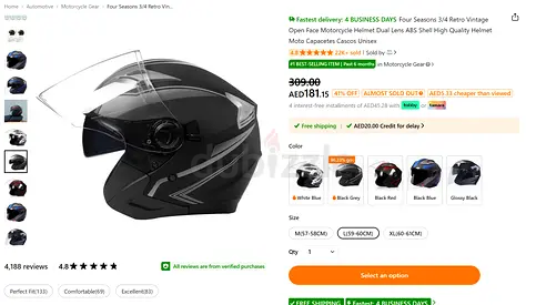 Motorbike Open Helmet 3/4, Retractable Visor+Shades. Scooter, Electric Bike, Vespa, Moped, ATV