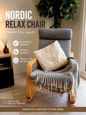 Elegant armchair with cushion and throw – light grey, perfect condition