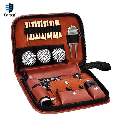 Compact Leather Golf Accessory Kit — Tees, Balls, Divot Tool, Repair Tools