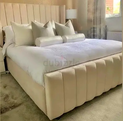 Luxury Fabric Bed Frame With Mattress. Stylish Modern Design King Size Panel Line Headboard