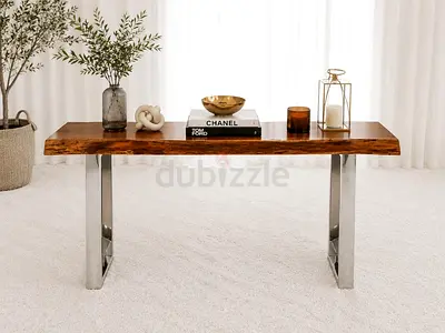 Marina home Solid Live-Edge Wood Console table with Stainless Steel Legs