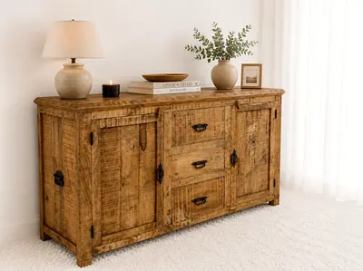 Rustic Solid Wood Sideboard / Console Cabinet with 2 Doors and 3 Drawers