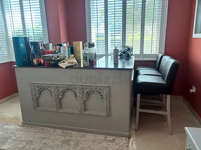 Solid Home Bar Counter with 3 Stools and barmans chair – Grey Top, Decorative Front