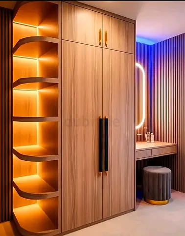 Modern MDF Wardrobe with Integrated Side Shelves and Lighting