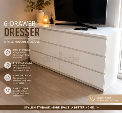 White 6-Drawer Modern Dresser - Gently Used, Excellent Condition