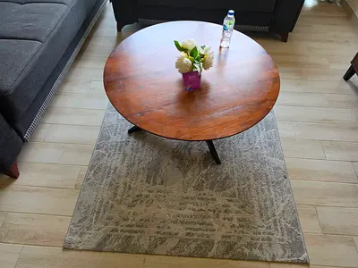 Round Solid Wood Coffee Table with Metal Legs + Modern Area Rug