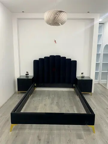 Modern Black Velvet Bed Frame with Headboard