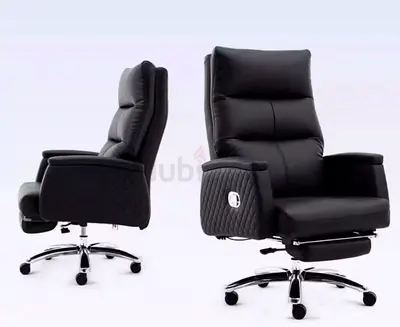 Premium Black Leather Executive Office Chair with Recliner and Footrest