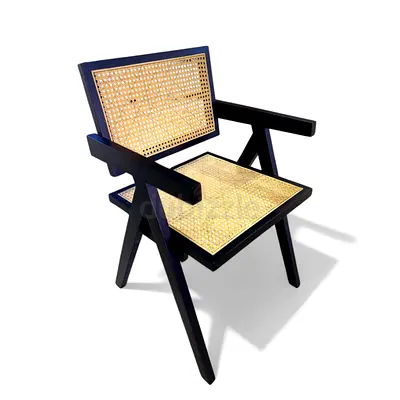 Vintage Cane Seat Armchair with Black Wooden Frame