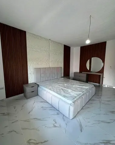 Queen upholstered bed frame with mattress, bedside table and dresser set