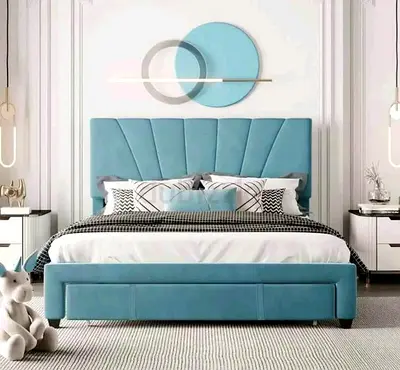 Modern Light Blue Velvet Upholstered Bed with Paneled Headboard