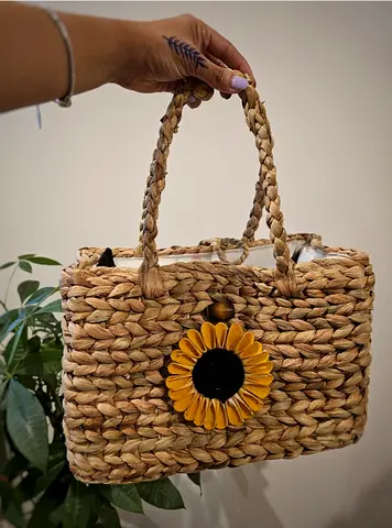 Handmade Woven Straw Handbag with Sunflower Accent / Beach bag